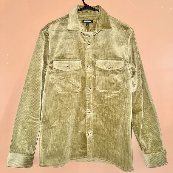 Express Corduroy Men's Long Sleeve Button Down Heavy Flannel Olive Green - Small - Picture 1 of 8